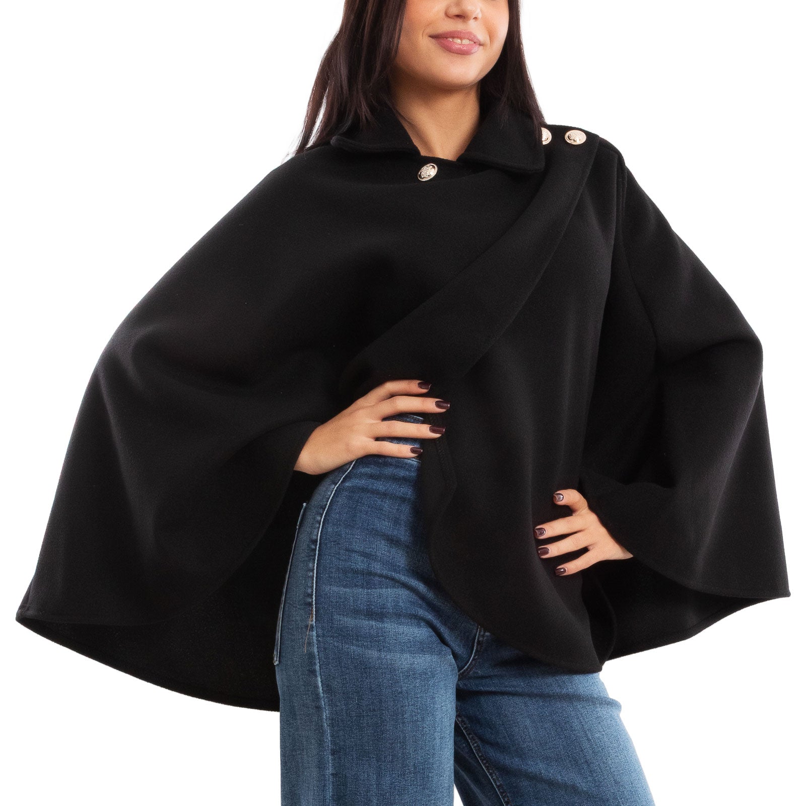 toocool mantellina poncho donna elegante bottoni dorati cape a portafoglio vb 5693