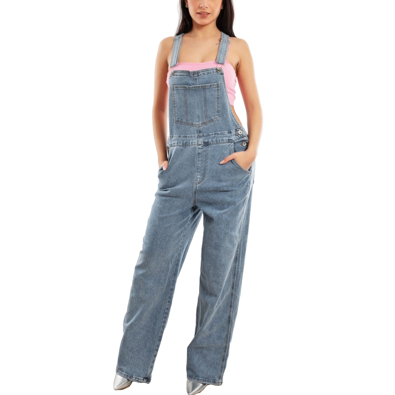 toocool salopette jeans donna palazzo tuta intera denim wide leg bretelle regolabili multitasche casual streetwear toocool vi 6633 blu chiaro s
