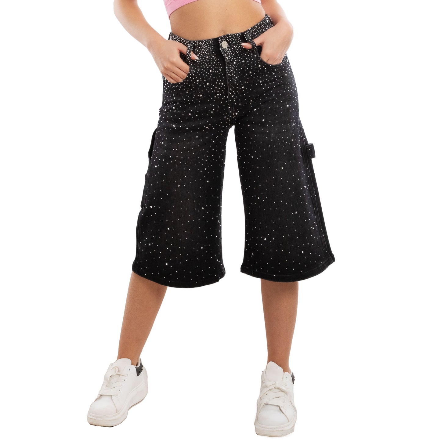 toocool bermuda jeans donna al ginocchio strass pantaloni denim gamba larga taglio carpenter lm762