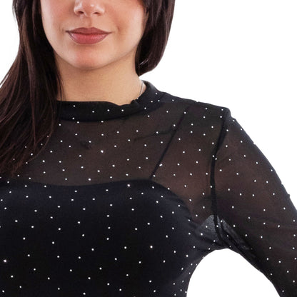 toocool body donna velato trasparente con strass luccicanti maniche lunghe sottogiacca elegante feste e serate xys3392