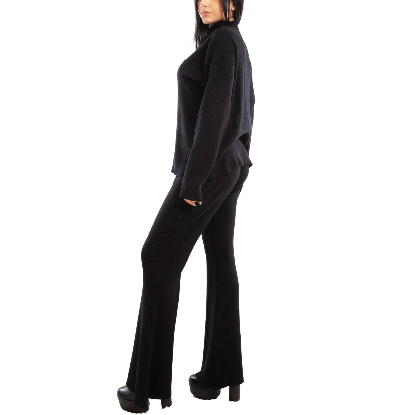 toocool completo donna maglia costine 2 pezzi set coordinato alto pantaloni zampa laccio tuta casual loungewear 59111