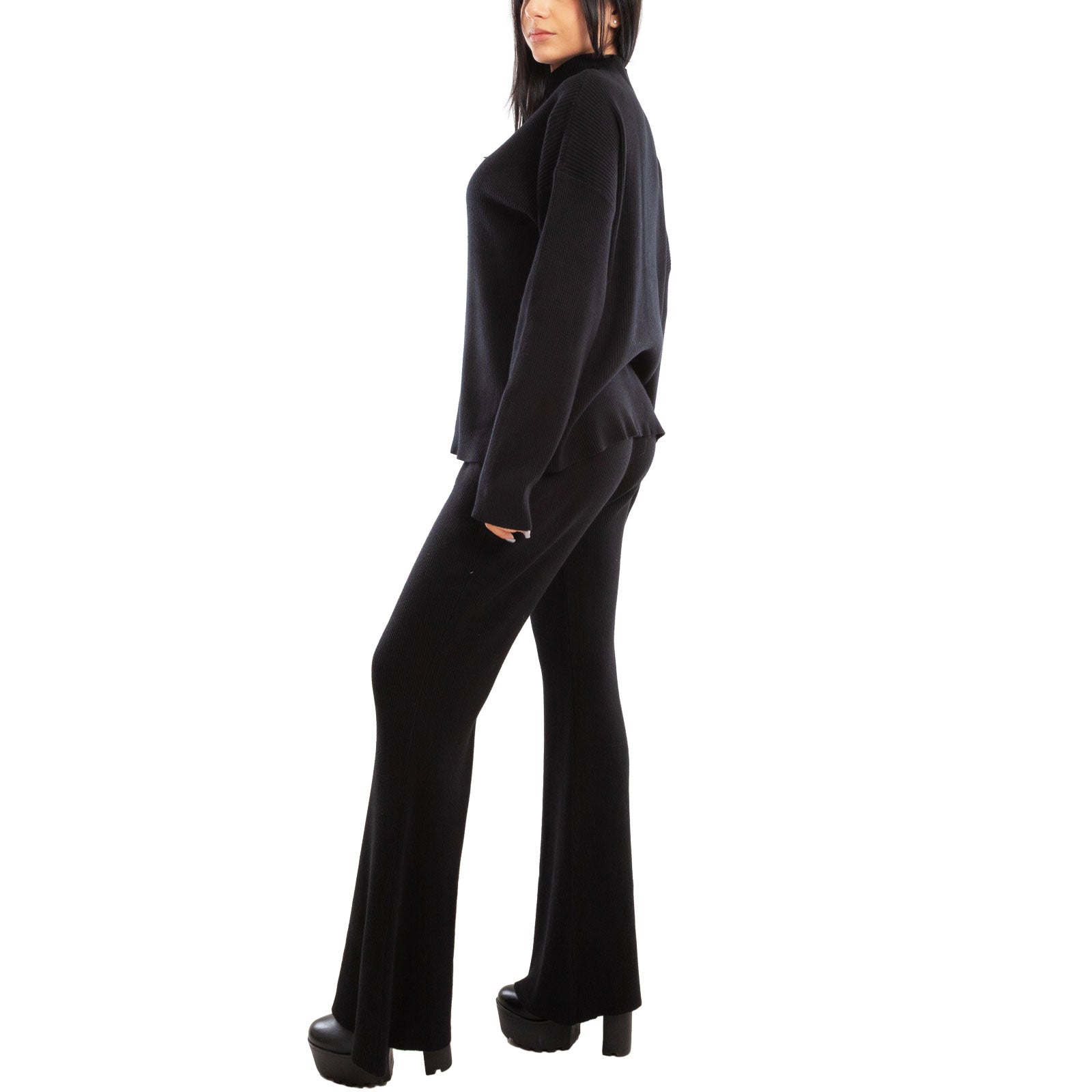 toocool completo donna maglia costine 2 pezzi set coordinato alto pantaloni zampa laccio tuta casual loungewear 59111