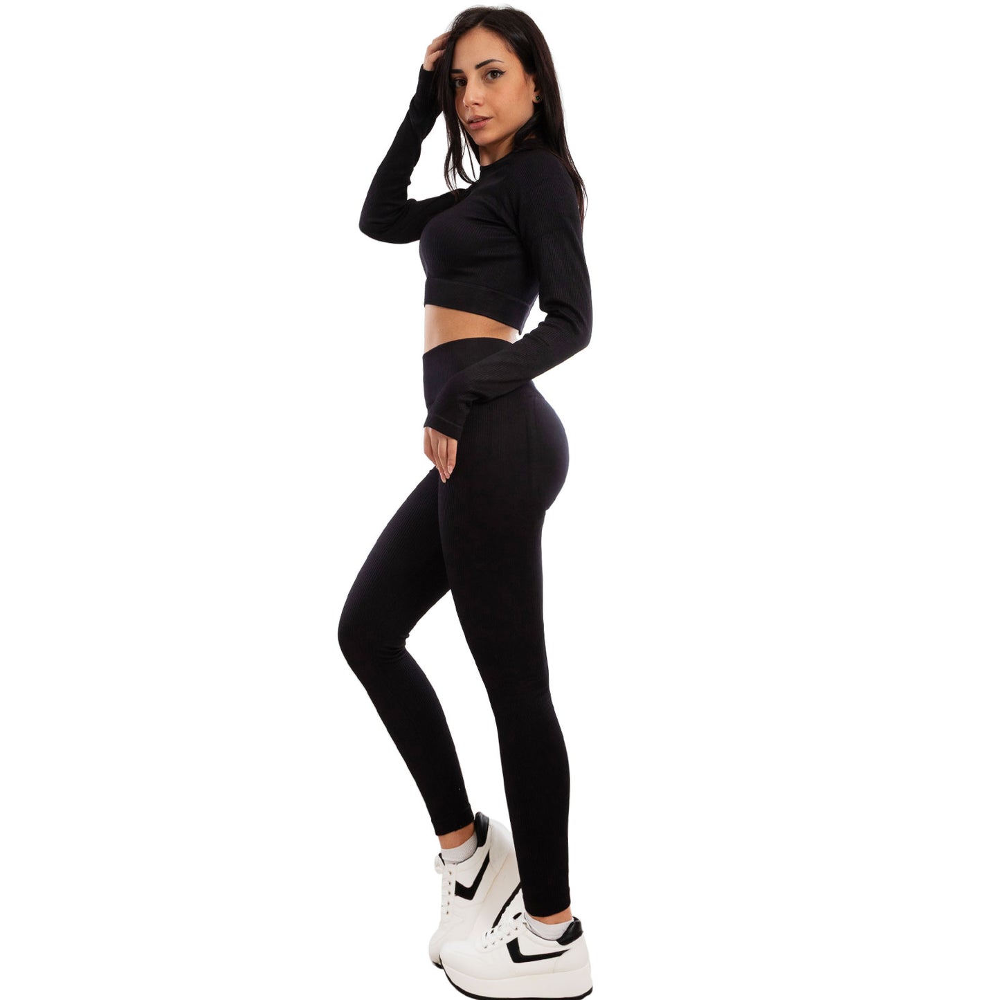 toocool completo sportivo donna 2 pezzi set palestra seamless costine top crop foro per pollice leggings push up vita alta toocool s90077 nero sm
