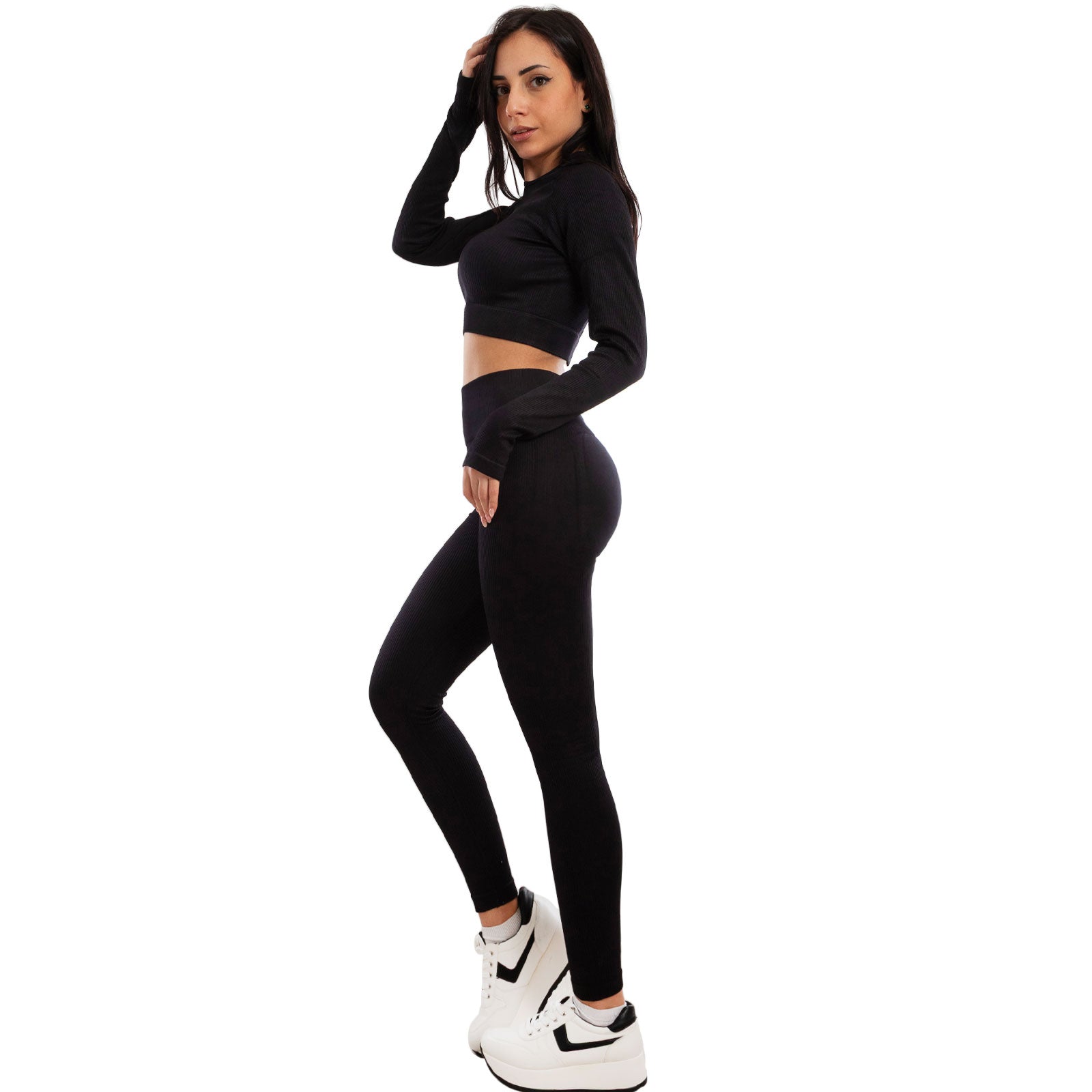 toocool completo sportivo donna 2 pezzi set palestra seamless costine top crop foro per pollice leggings push up vita alta toocool s90077 nero sm