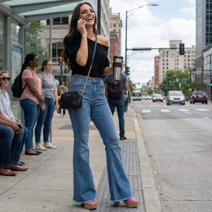 toocool jeans donna zampa larga orlo sfrangiato pantaloni denim flare vita alta stile boho chic toocool y235 blu xs