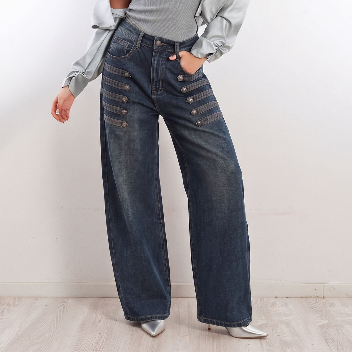 toocool pantaloni baggy jeans donna denim larghi con bottoni toocool jf672b blu xs
