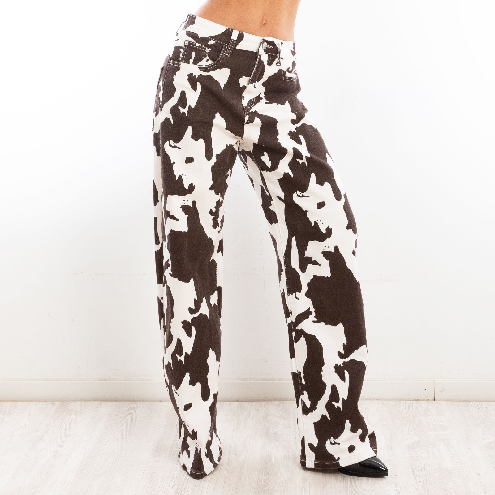 toocool pantaloni donna fantasia animalier mucca muccati vita alta gamba larga toocool ml251 marrone xs