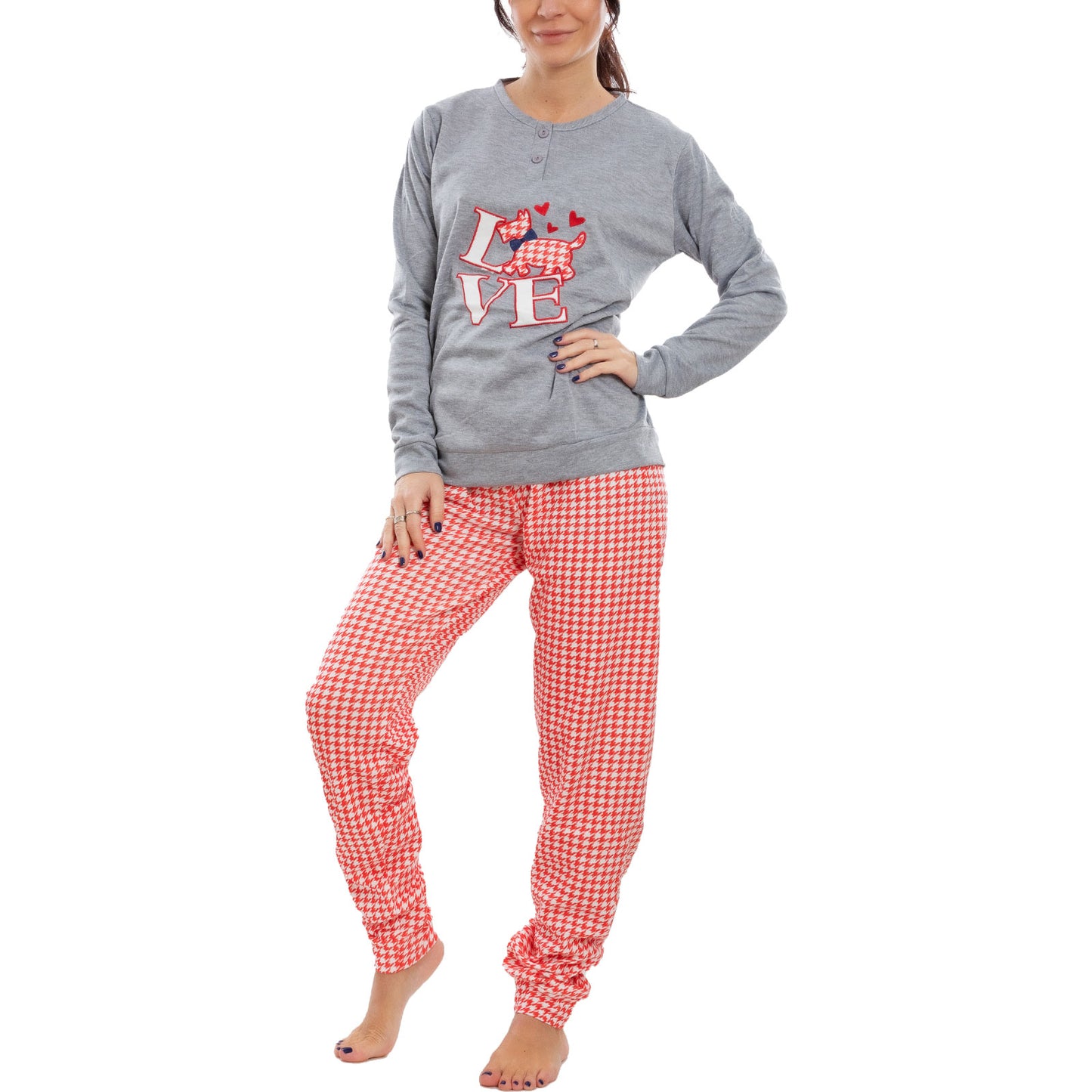 toocool pigiama donna felpato pied de poule maniche lunghe pantaloni completo 2 pezzi toocool c1505 grigio chiaro s