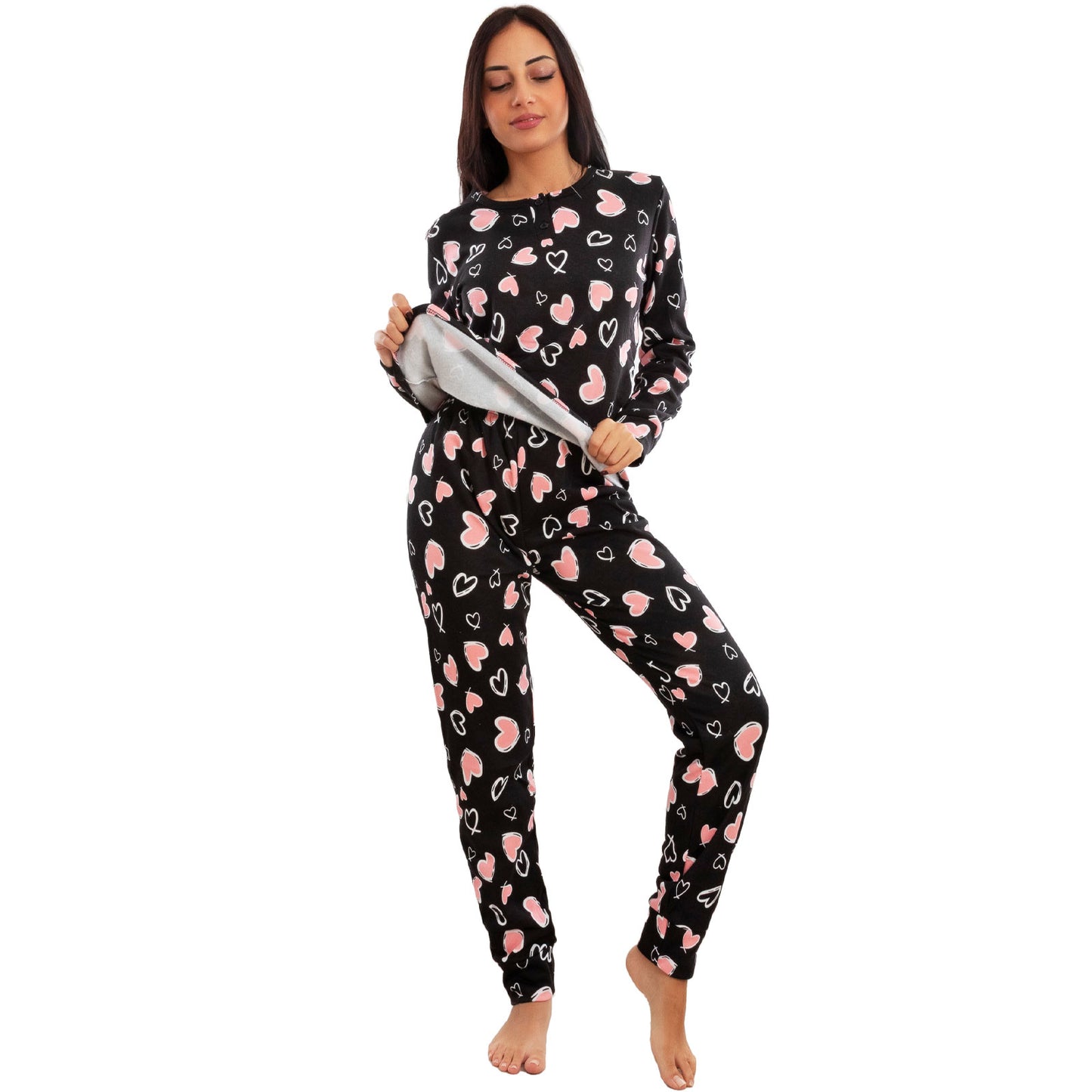 toocool pigiama donna invernale felpato cuori maniche lunghe pantaloni caldo cotone toocool q1039 nero s