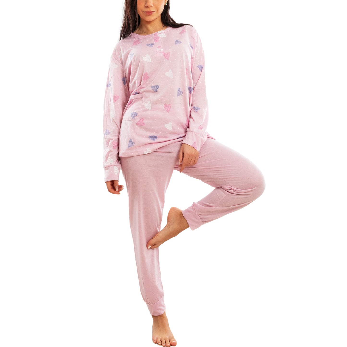 toocool pigiama donna lungo set due pezzi maglia tasca frontale pantalone con polsini design a cuori toocool h48 rosa s