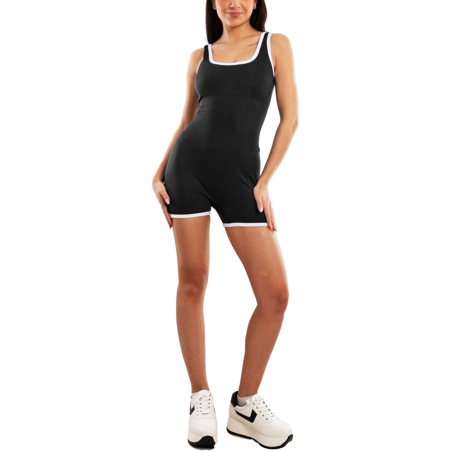 toocool tutina sportiva donna aderente a costine jumpsuit corta fitness coppe fisse push up body modellante sportivo toocool s90116 nero sm