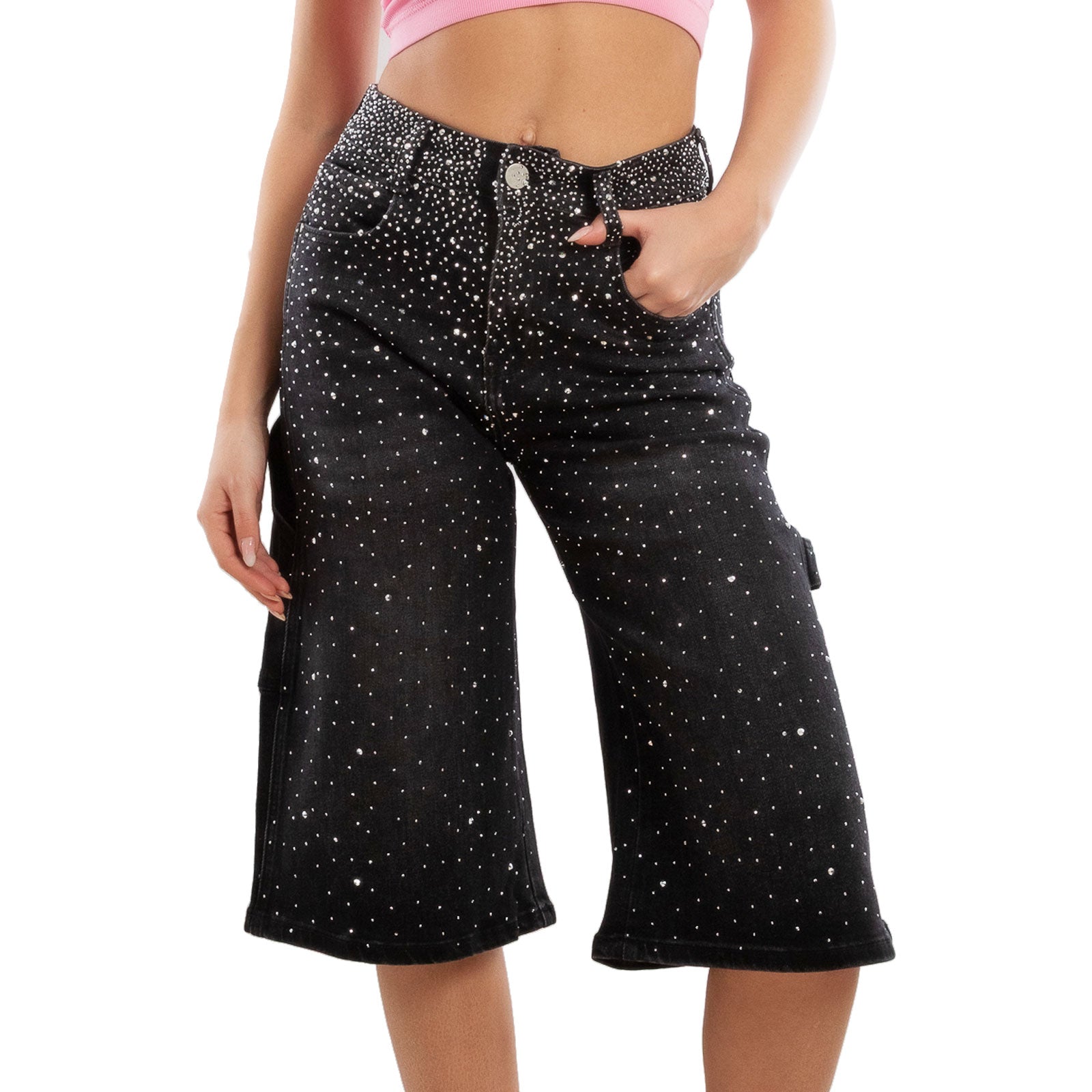 toocool bermuda jeans donna al ginocchio strass pantaloni denim gamba larga taglio carpenter lm762