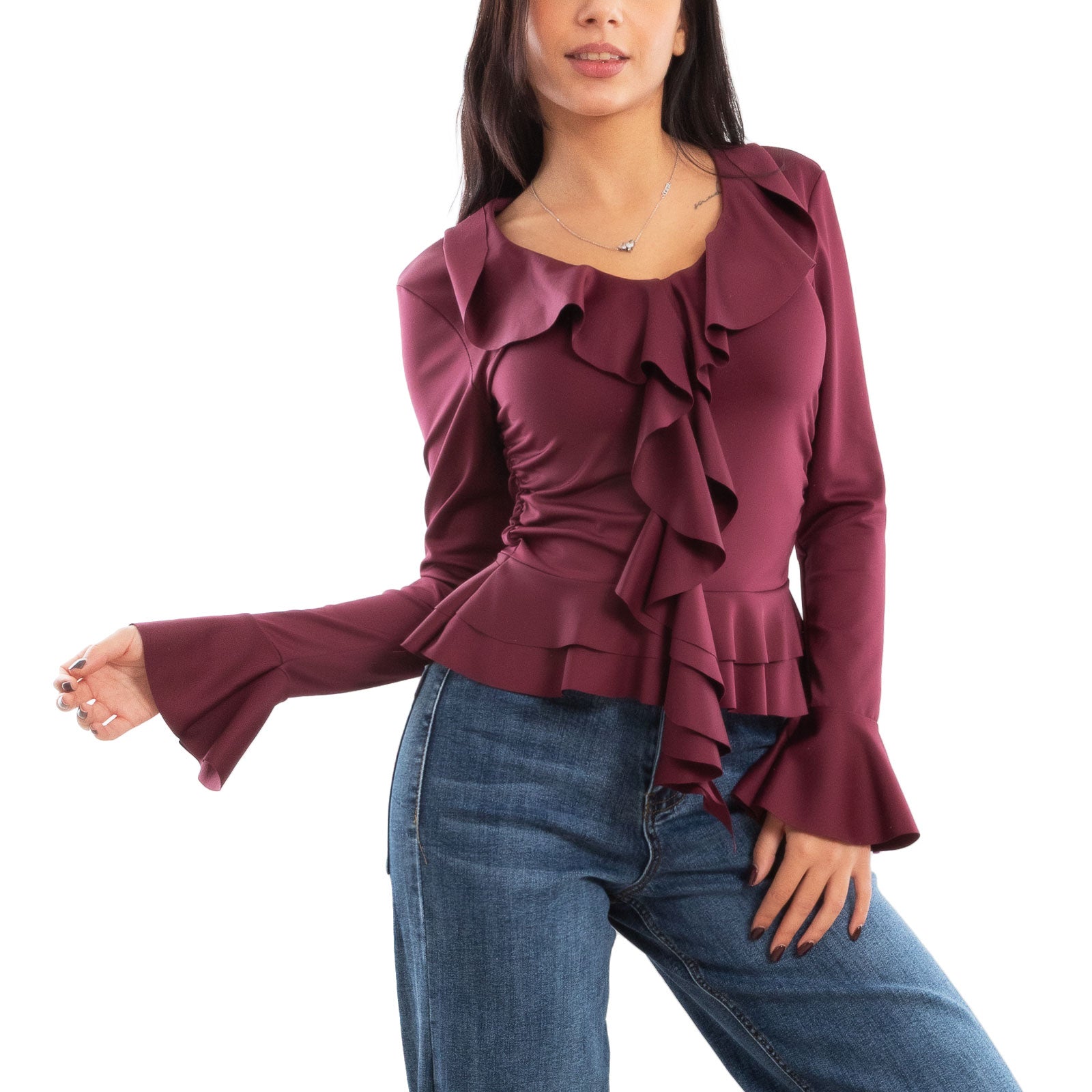 toocool blusa donna elegante elasticizzata con ruches e volant maniche svasate a campana top casual chic toocool vi 8231 nero sm