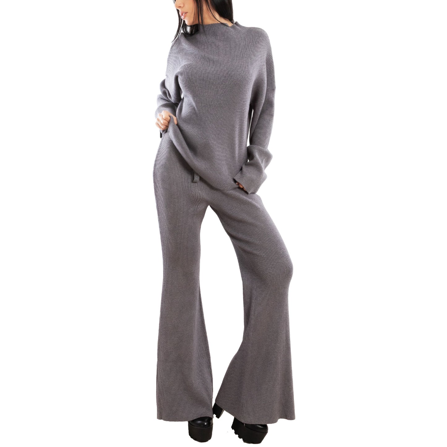 toocool completo donna maglia costine 2 pezzi set coordinato alto pantaloni zampa laccio tuta casual loungewear 59111