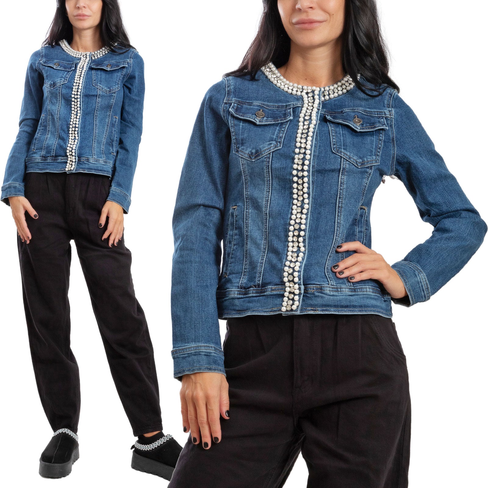 toocool giubbotto donna giacca jeans denim giacchetto giubbino perle toocool