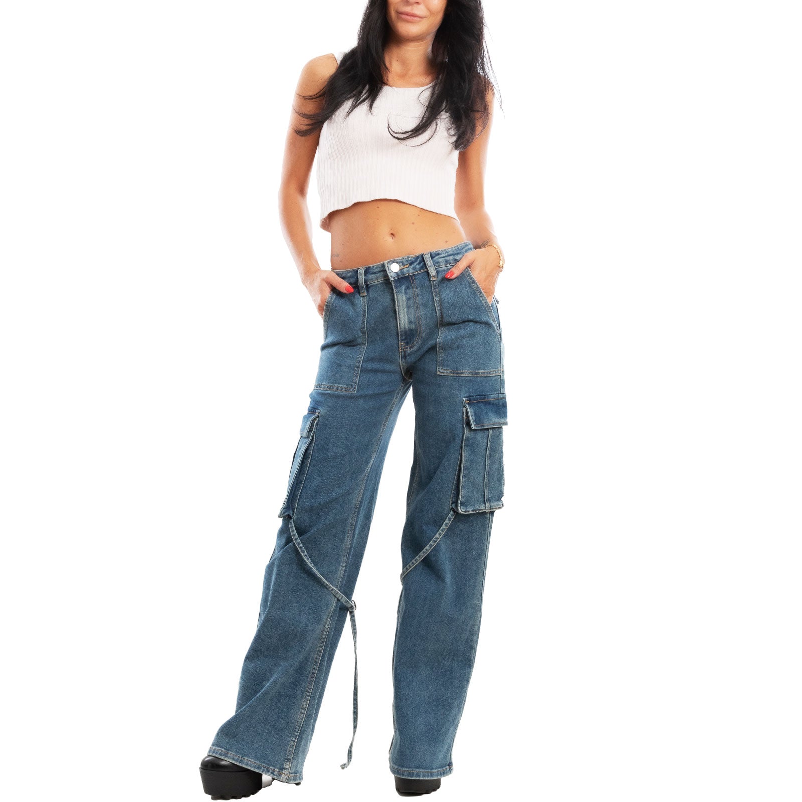 toocool jeans donna palazzo lacci tasconi baggy pantaloni rm2315a