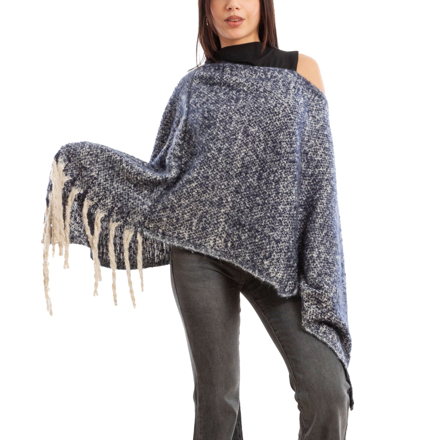toocool poncho donna coprispalle mantella tricot caldo frange scialle lana toocool a302 nero taglia unica