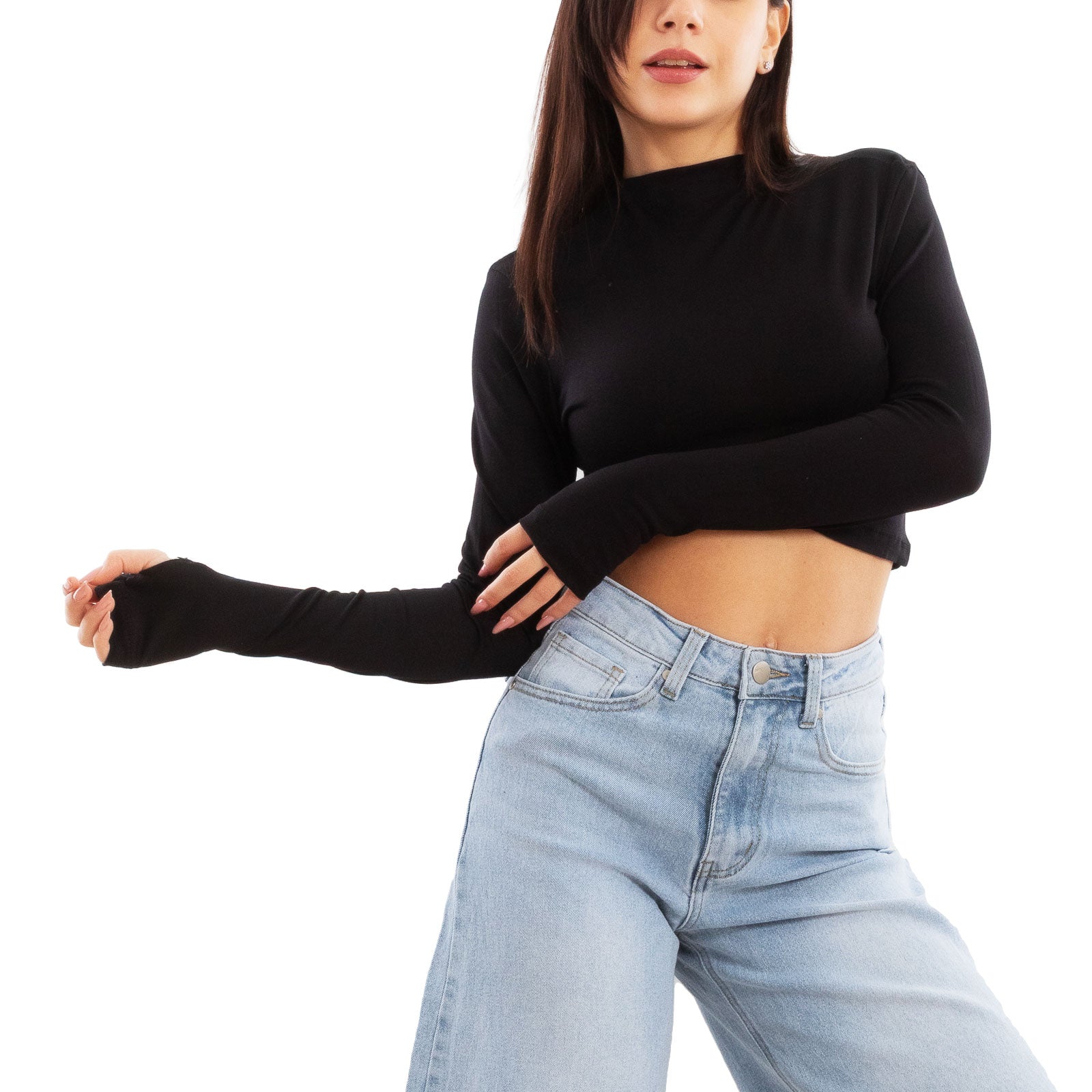 toocool top donna crop corto maniche lunghe foro per pollice blusa toocool vi 5317 nero sm