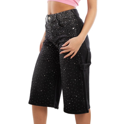 toocool bermuda jeans donna al ginocchio strass pantaloni denim gamba larga taglio carpenter lm762