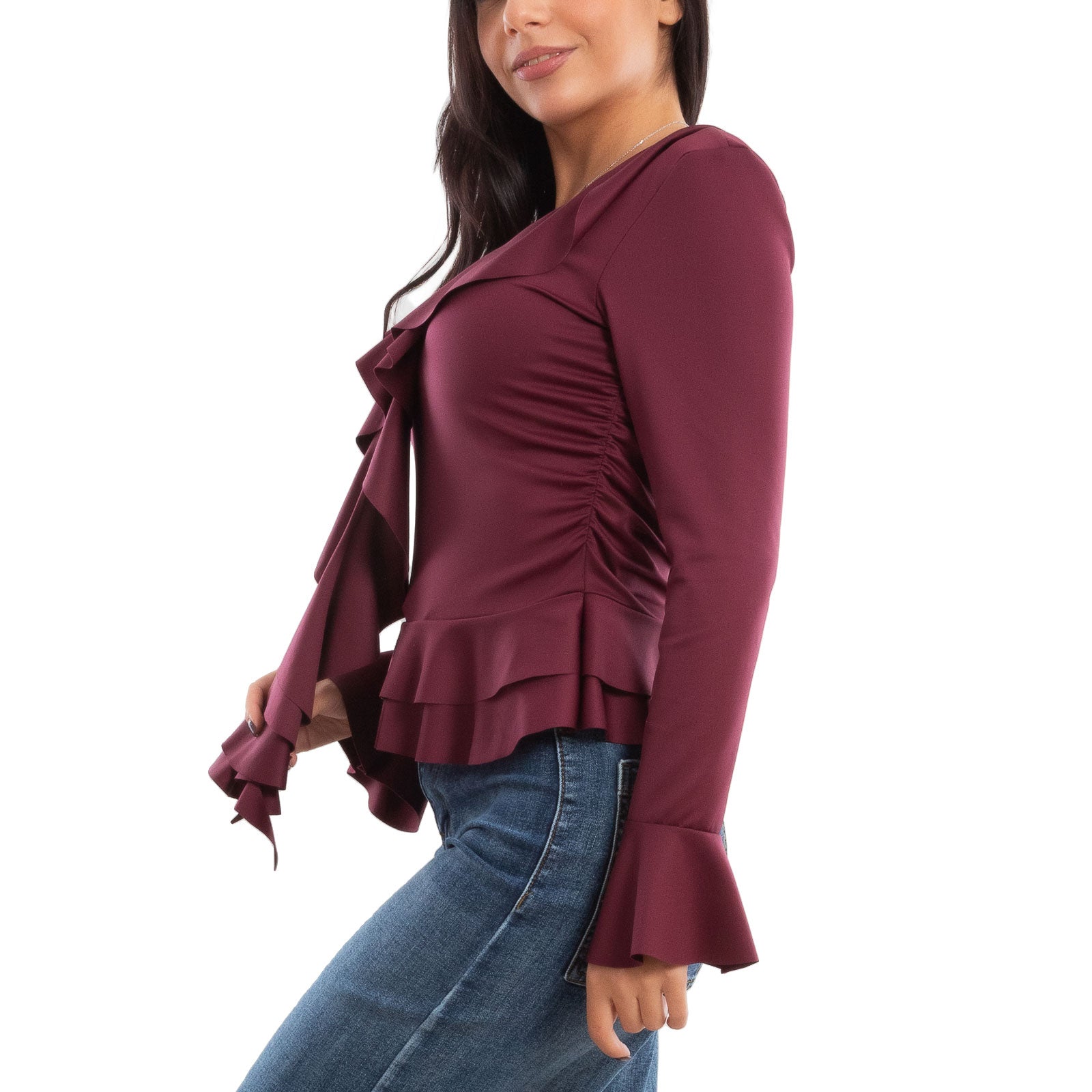 toocool blusa donna elegante elasticizzata con ruches e volant maniche svasate a campana top casual chic toocool vi 8231 nero sm