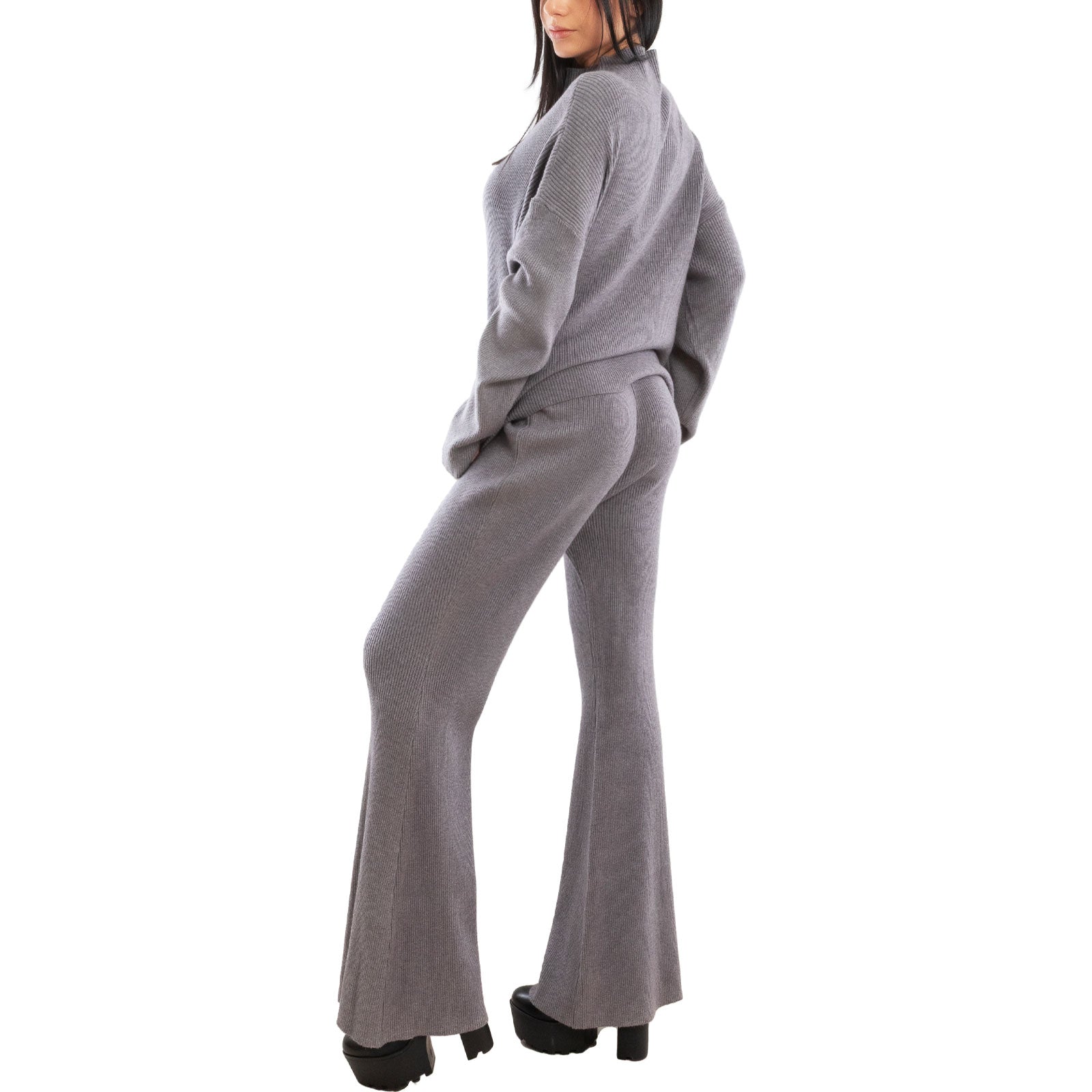 toocool completo donna maglia costine 2 pezzi set coordinato alto pantaloni zampa laccio tuta casual loungewear 59111