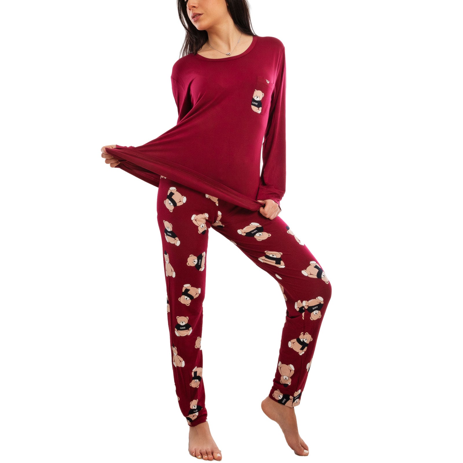 toocool pigiama donna lungo completo due pezzi maglia maniche lunghe pantaloni fantasia orsetti toocool e2600 bordeaux xxl