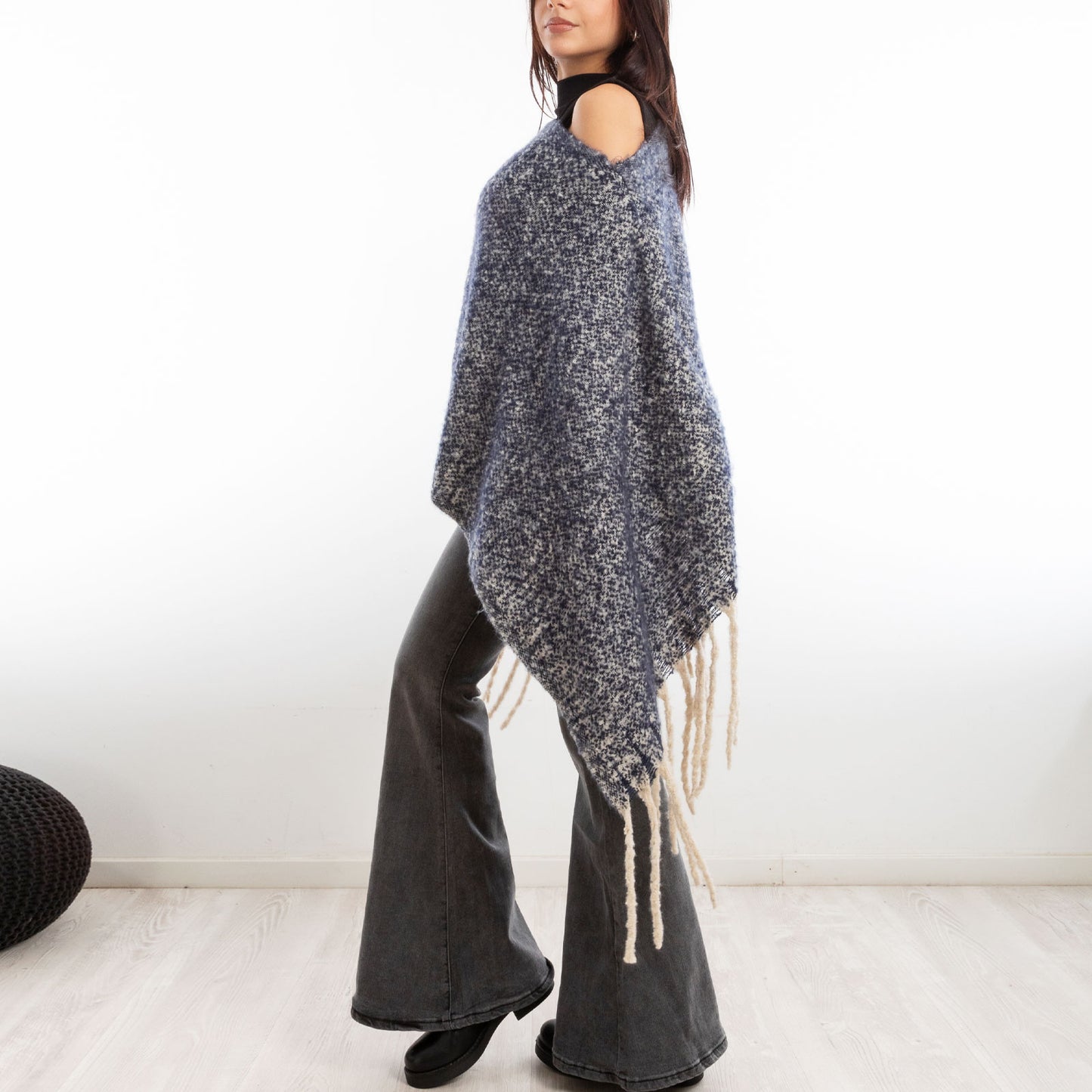 toocool poncho donna coprispalle mantella tricot caldo frange scialle lana toocool a302 nero taglia unica