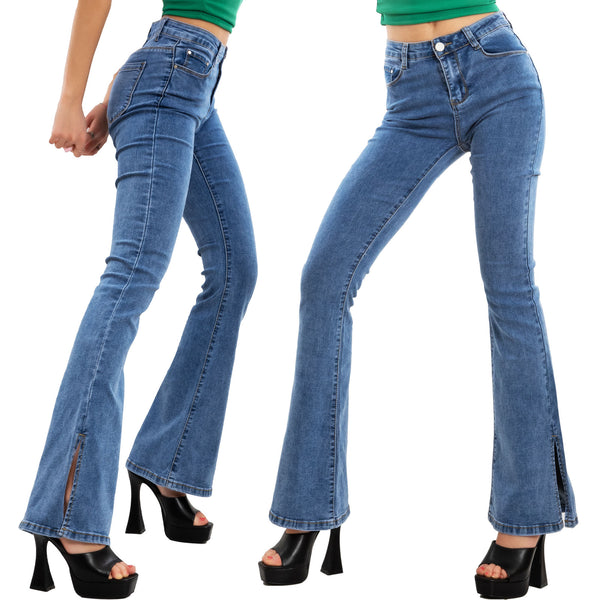 MyShoeStore 2 Pantaloni Donna A Vita Alta Taglie Forti 40-52, Modello Bootleg Elasticizzato In Costina, Blu Navy - 2