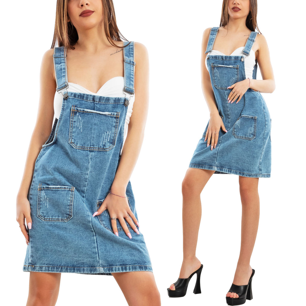 Salopette Donna Mini Gonna Jeans Overall Denim Vi 6688