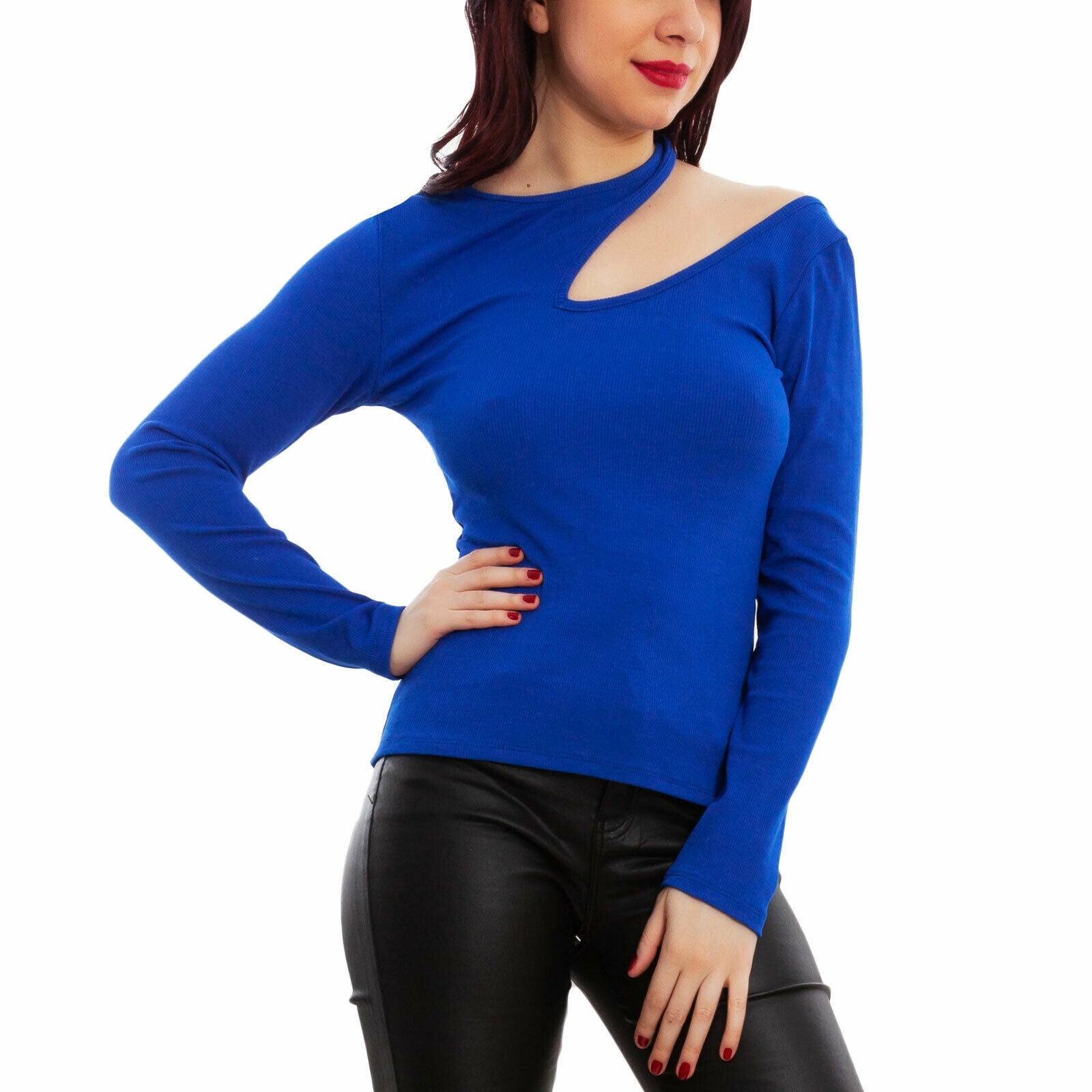 Maglietta Donna Manica Lunga Scollatura A Spalla Con Stampa Labbra Rosse, Taglie Dalla S Alla XXL, Tessuto Morbido Misto Cotone, Casual Sciolto
