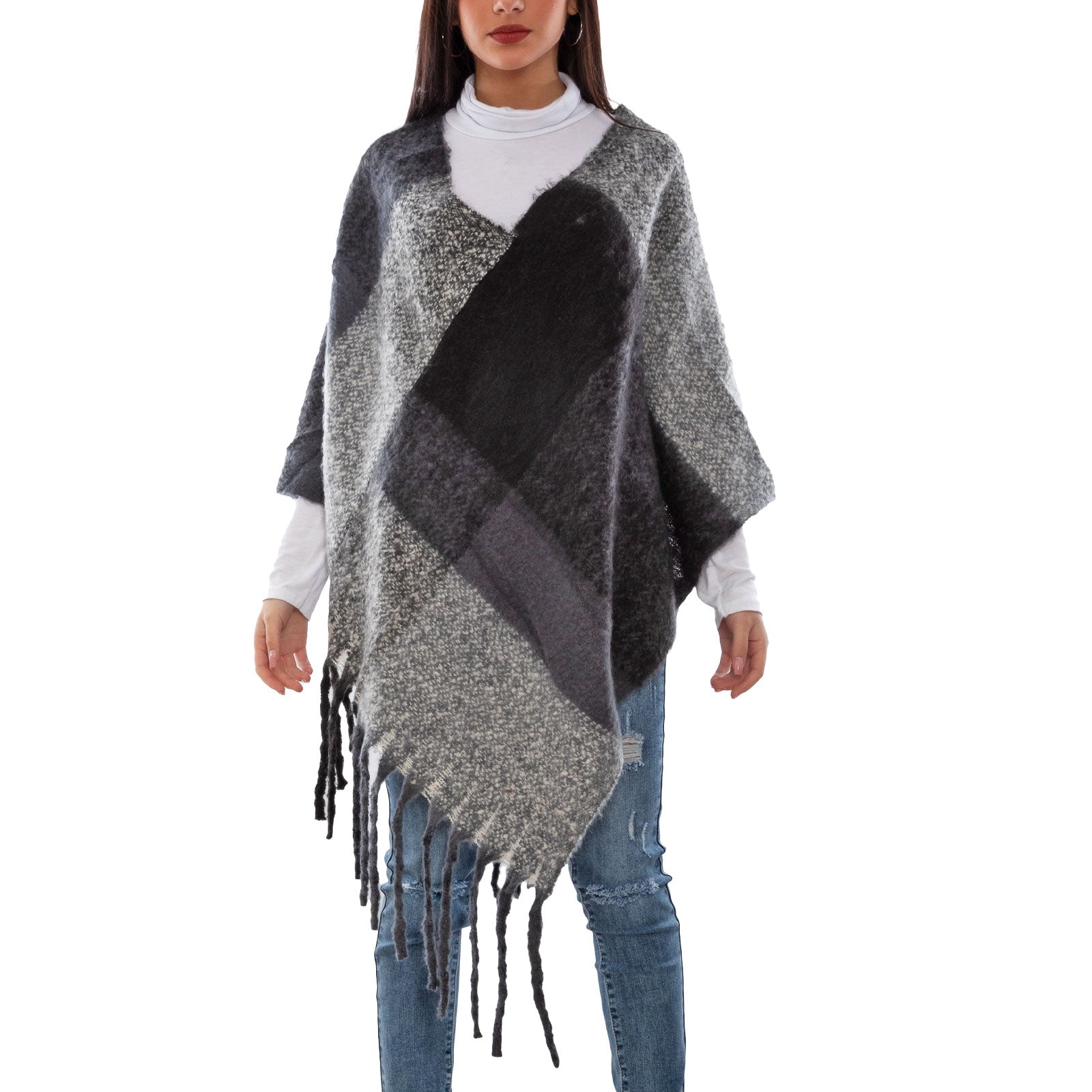 Poncho a quadri, mantello in misto lana a quadri, coperta